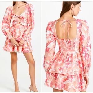 Rebecca Vallance Tropicale knotted slub printed linen blend mini dress. Size 2